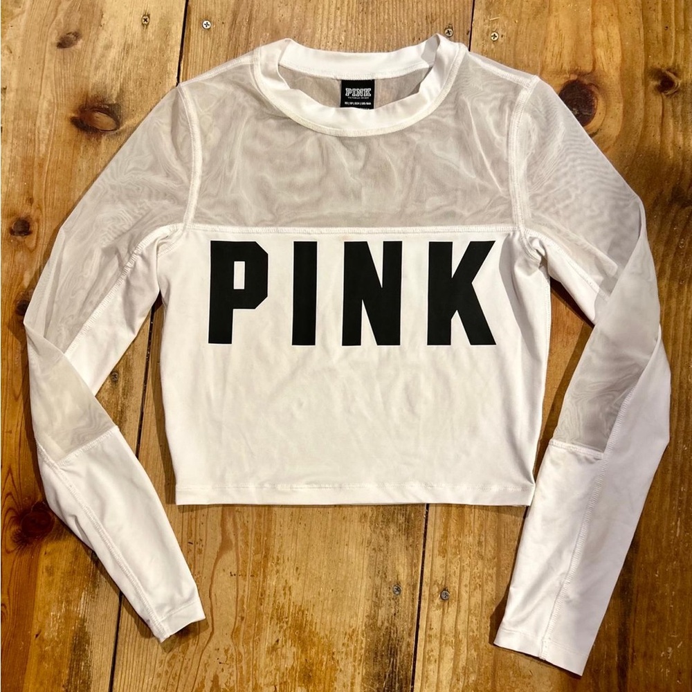 PINK Victoria's Secret White Mesh-Panel Long Sleeve Crop Top with Black Logo